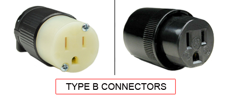 TYPE B connectors are used in the following Countries:
<br>
Primary Countries known for using TYPE B connectors is the United States, Canada, Taiwan, Japan and Jamaica.

<br>Additional Countries that use TYPE B connectors are American Samoa, Anguilla, Antigua & Barbuda, Aruba, Bahamas, Barbados, Belize, Bermuda, Bolivia, British Virgin Islands, Cayman Islands, Columbia, Costa Rica, Cuba, Dominican Republic, Ecuador, El Salvador, Guam, Guatemala, Guyana, Haiti, Honduras, Liberia, Mariana Islands, Marshall Islands, Mexico, Micronesia, Midway Islands, Montserrat, Nicaragua, Palau, Panama, Peru, Philippines, Puerto Rico, Trinidad & Tobago, Turks & Caicos Islands, US Virgin Islands, Venezuela, Wake Island.
<br><font color="yellow">*</font> Additional Type B Electrical Devices:

<br><font color="yellow">*</font> <a href="https://internationalconfig.com/icc6.asp?item=TYPE-B-PLUGS" style="text-decoration: none">Type B Plugs</a>  

<br><font color="yellow">*</font> <a href="https://internationalconfig.com/icc6.asp?item=TYPE-B-OUTLETS" style="text-decoration: none">Type B Outlets</a> 

<br><font color="yellow">*</font> <a href="https://internationalconfig.com/icc6.asp?item=TYPE-B-POWER-CORDS" style="text-decoration: none">Type B Power Cords</a> 

<br><font color="yellow">*</font> <a href="https://internationalconfig.com/icc6.asp?item=TYPE-B-POWER-STRIPS" style="text-decoration: none">Type B Power Strips</a>

<br><font color="yellow">*</font> <a href="https://internationalconfig.com/icc6.asp?item=TYPE-B-ADAPTERS" style="text-decoration: none">Type B Adapters</a>

<br><font color="yellow">*</font> <a href="https://internationalconfig.com/worldwide-electrical-devices-selector-and-electrical-configuration-chart.asp" style="text-decoration: none">Worldwide Selector. All Countries by TYPE.</a>

<br>View examples of TYPE B connectors below.